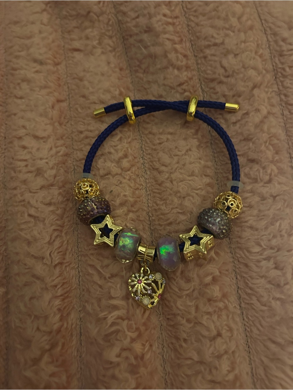 Navy Cord Bracelet with Gold Star & Heart Charms